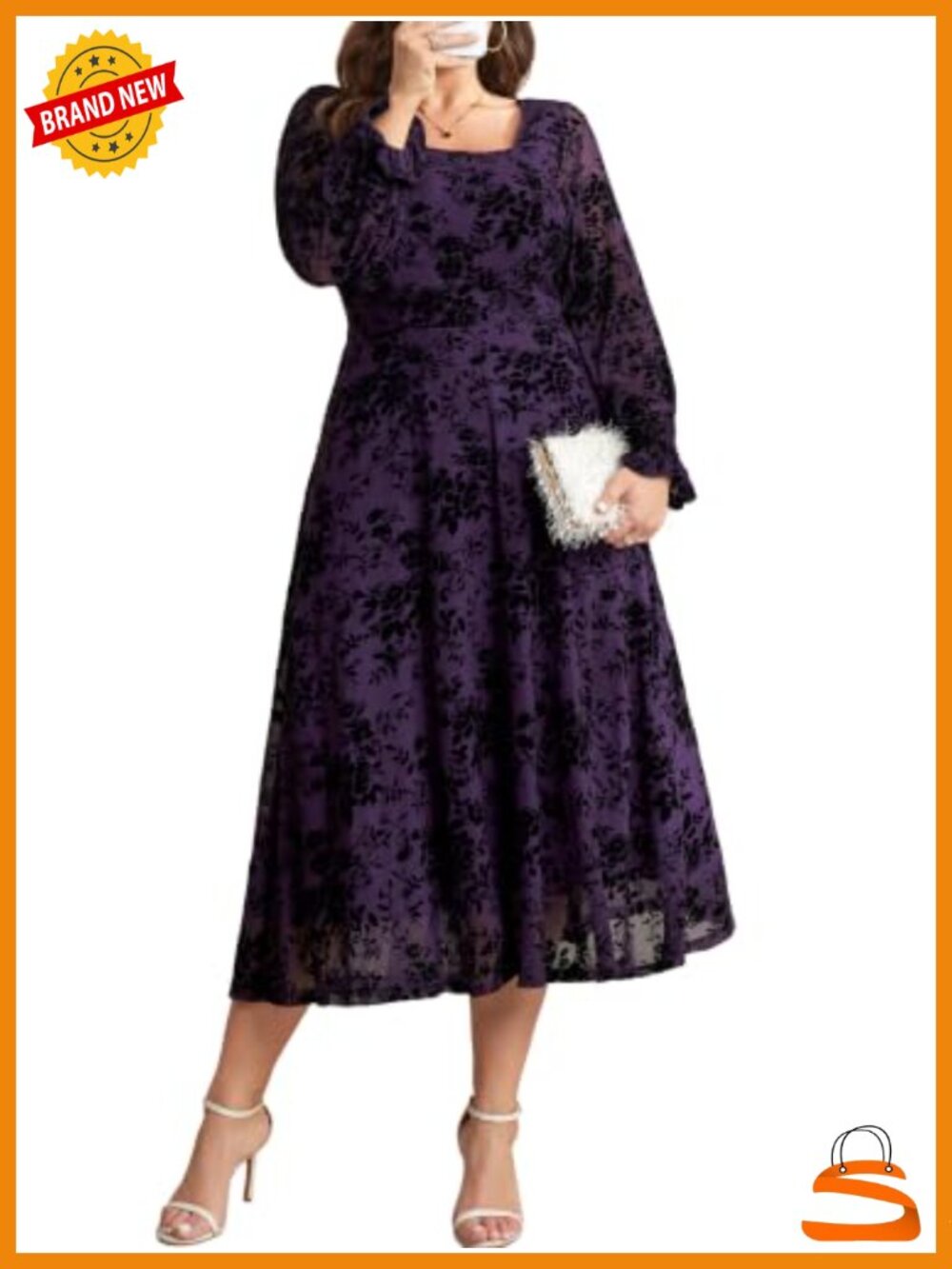 Plus Size Lace Square Neck Long Sleeve Wedding Guest Maxi Dress